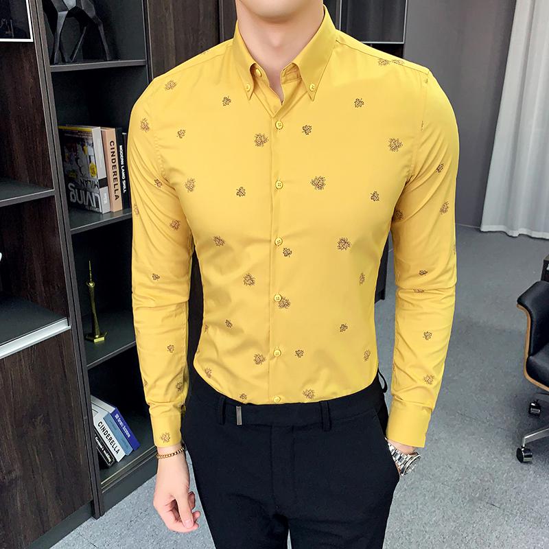 Gzdeerax Leaves Printed Mens Shirts Luxury Long Sleeve Casual Dress Camisa Masculina Fashion Slim Fit Man