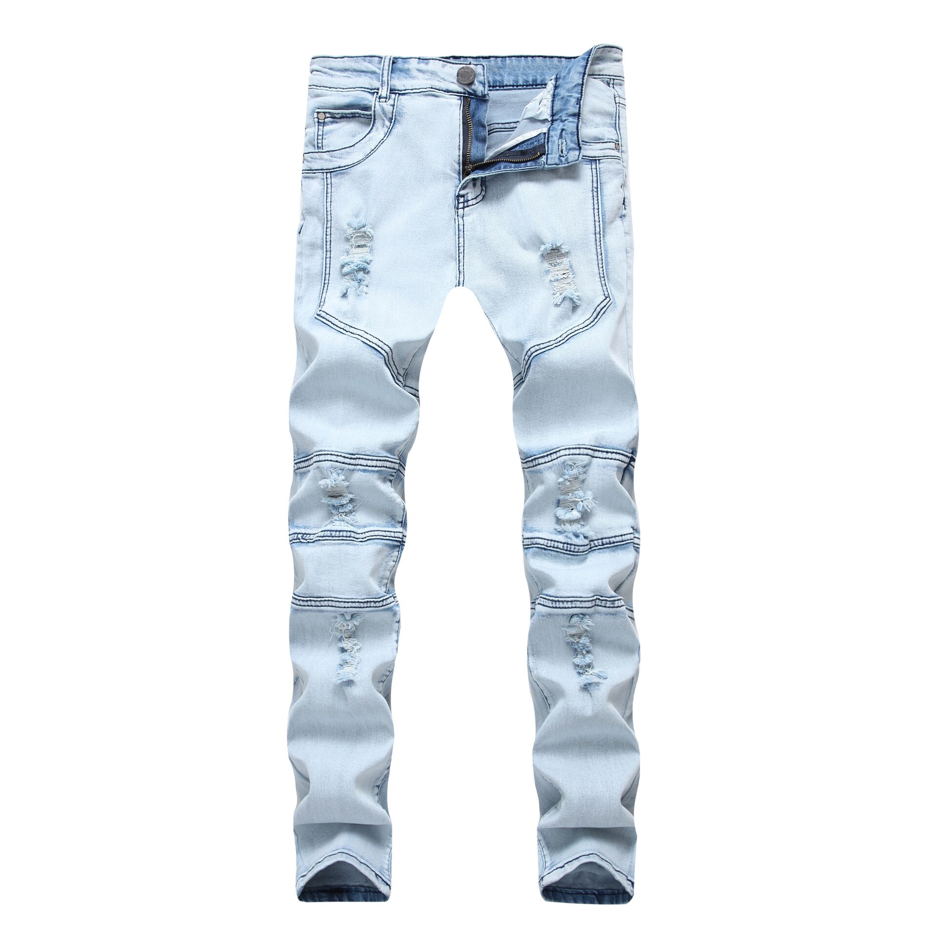 Casual Fit Hommes Cowboys Trousers Fashion Male Wash Ripped Holes Light Blue Feet Slim Stretch Jeans Spliced Denim Pants