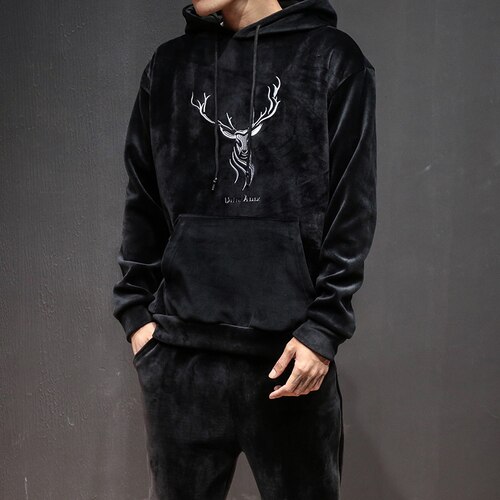 Embroidery Plus Velvet Mens Track Suit Set Japanese Long Sleeve Soft Solid Pullover Hoodies+pants Casual Outwear Suits