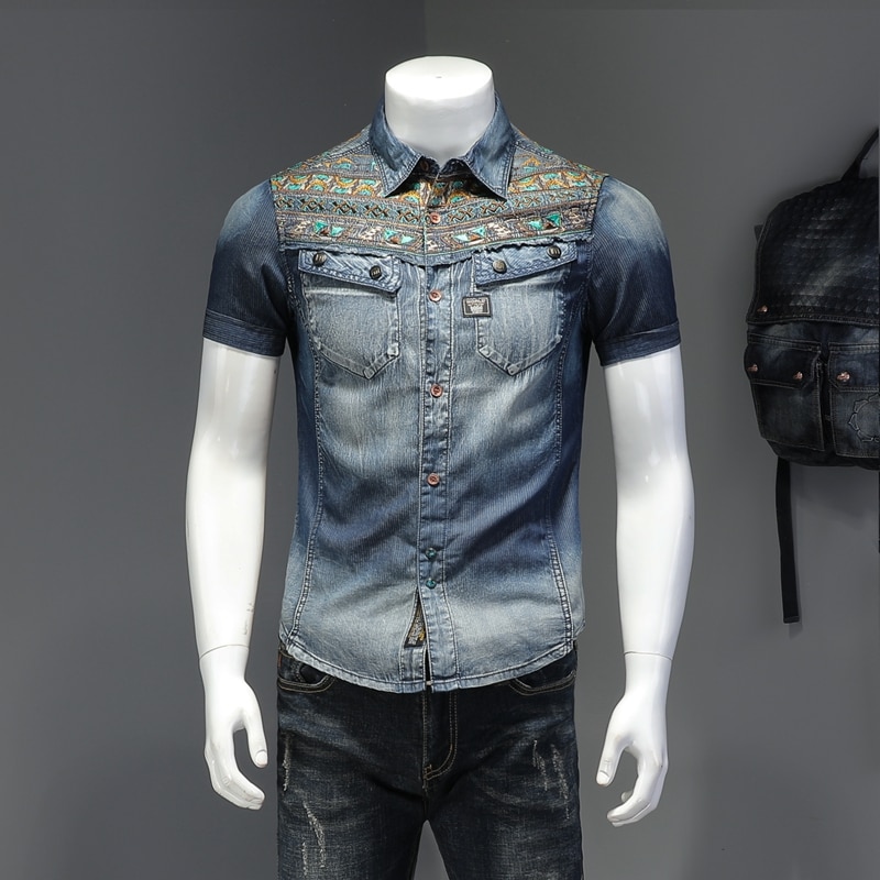 Summer New Casual Printed Denim Shirt Men's Fashion Trendy Personality Short-sleeved