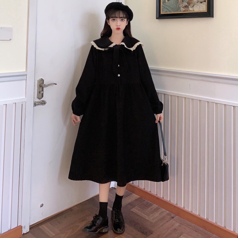 Japanese Doll Collar Loose Lolita Thin Retro Niche French Corduroy Long Sleeve Dress Female Autumn And Winter New Style