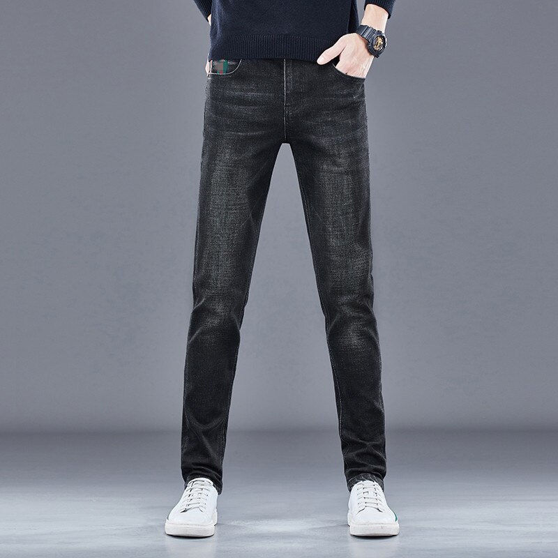 Spring Fashion Men's Jeans Cotton Slim Elastic Bee Brand Business Pants Trousers Classic Style Male Denim Gray Color