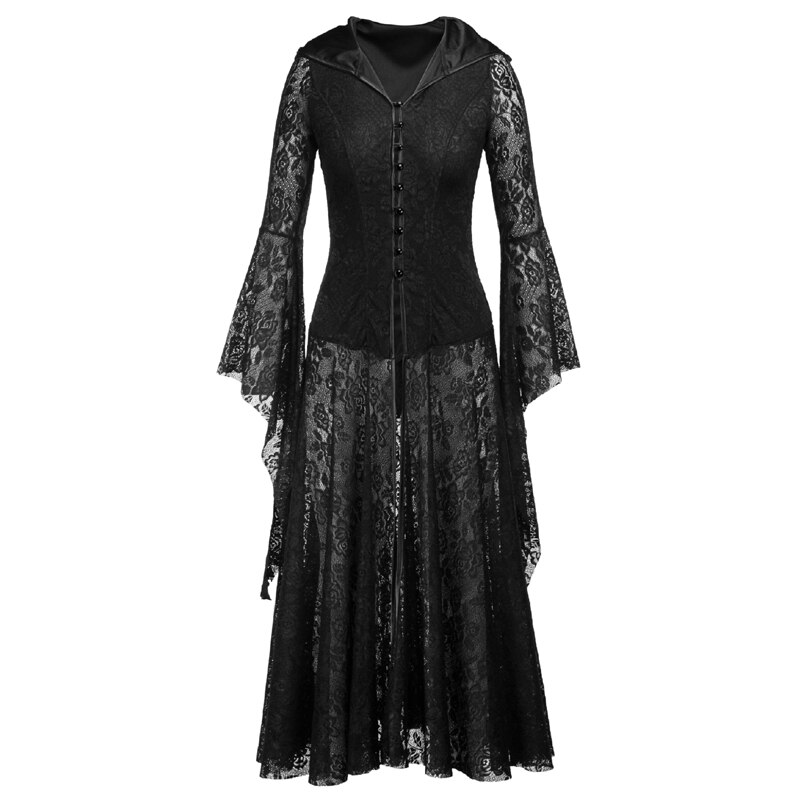 Black Halloween Punk Dress Cosplay Women Sexy Lace Goth Long 2022 Victorian Vintage Retro Steampunk Gothic Hooded Dresses