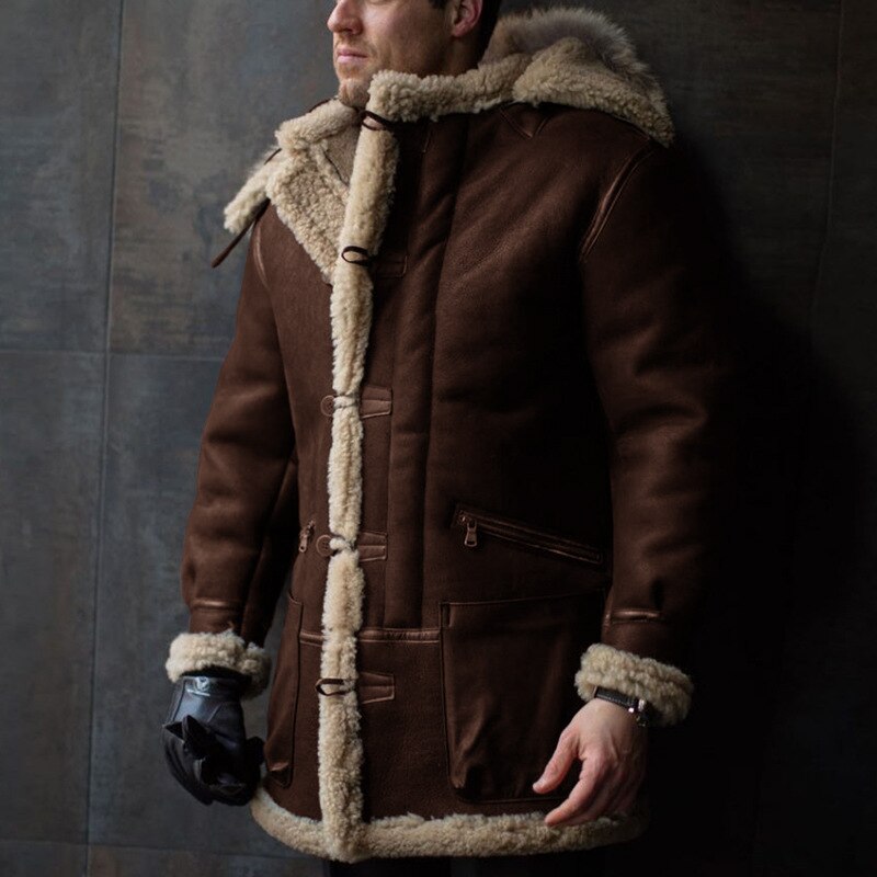 Lugentolo Faux Fur Coat Mens Plus Size Jacket Winter Fashion Hooded Single Breasted Zipper Pockets Long Men