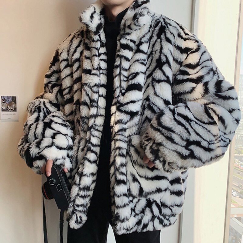 Winter Men Coat Faux Fur Tiger Pattern Stripe Jacket Warm Thicken Outwear Fashion Loose Casual Oversize Streetwear 3XL