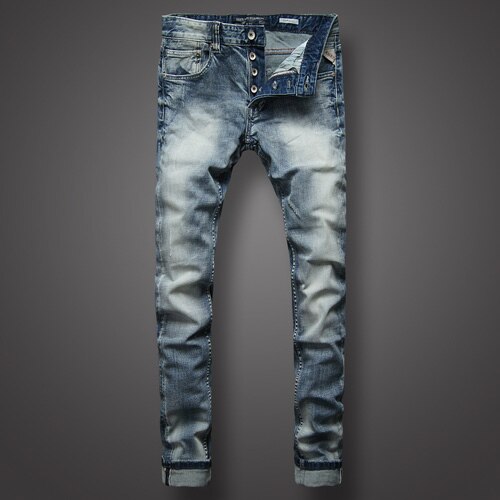 Italian Fashion Men Jeans Retro Light Gray Blue Elastic Cotton Slim Fit Ripped Vintage Designer Denim Buttons Pants