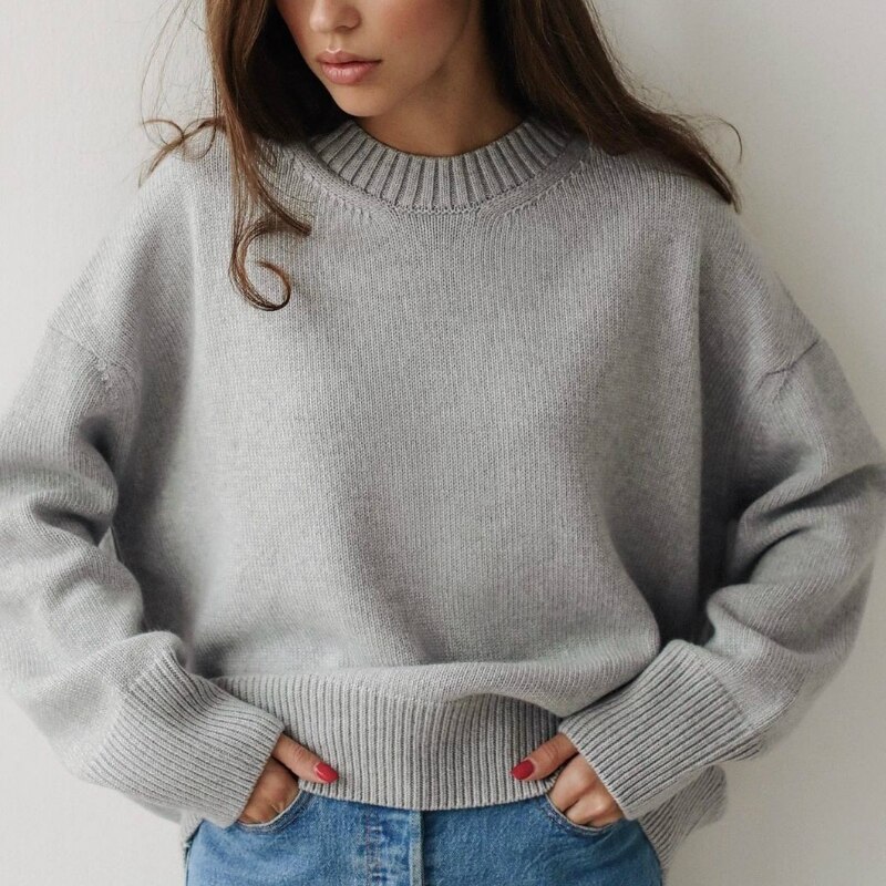 Women's Classic Loose Sweater Pullover O-neck Long Sleeve Knit Jersey Female Solid Jumpers Basic Clothes 2022