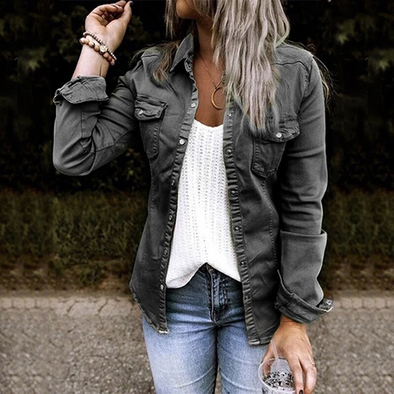 Single Breasted Denim Women Shirt Top Turn Down Collar Solid Slim Female Shirts Autumn 2022 Fashion New Ladies Casual Jeans Coat