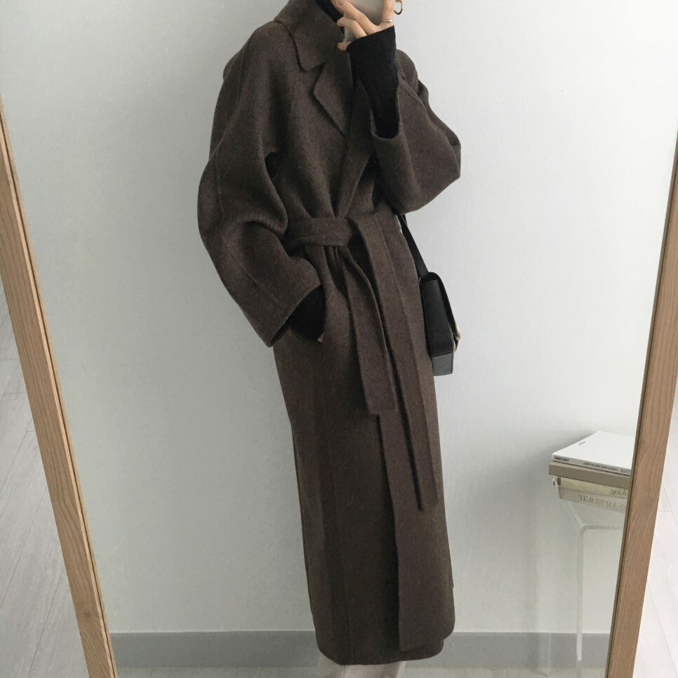 Qiqueen Autumn Winter 2022 Women Elegant Long Wool Coat With Belt Solid Color Sleeve Chic Outerwear Ladies Overcoat