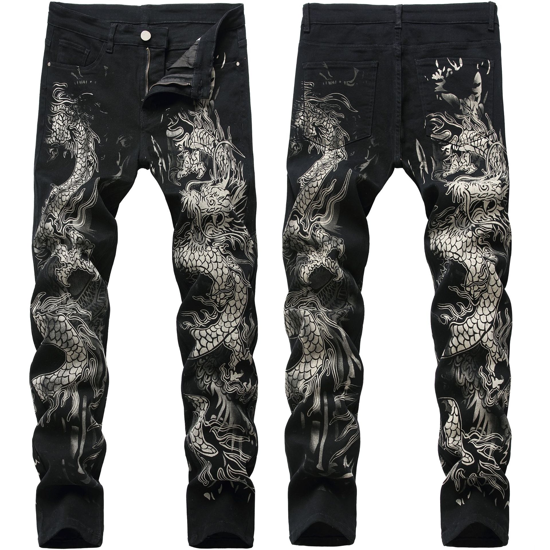 Fashion Dragon Printed Jeans Design Mens Denim Pants Hot Men's Original Brand Casual Cotton Slim Pencil Male Black