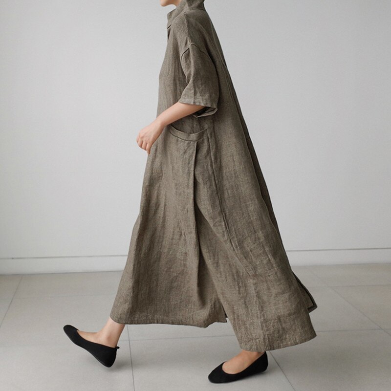 Women Linen V-neck Loose Dresses New Korean Vintage Solid Color Pocket Design Maxi Robe Kimono VKDR2147