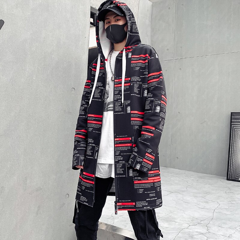 Men Trench Coat Fashion Printed Streetwear Hooded Windbreaker Slim Fit Overcoat Outwear