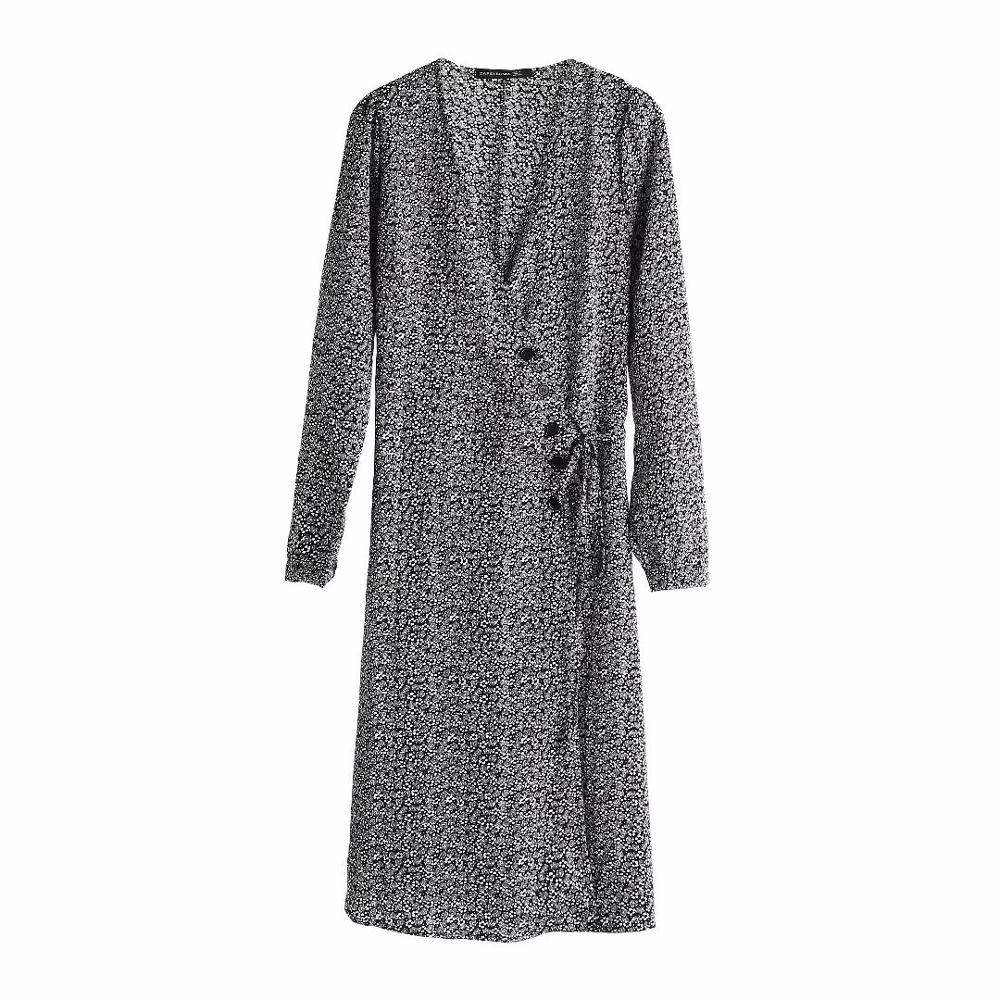 Bazaleas Fashion Fastening Tie Side Buttons Women Midi Dress Casual France V Neck Vestido Vintage Gabin Wrap Dropshipping