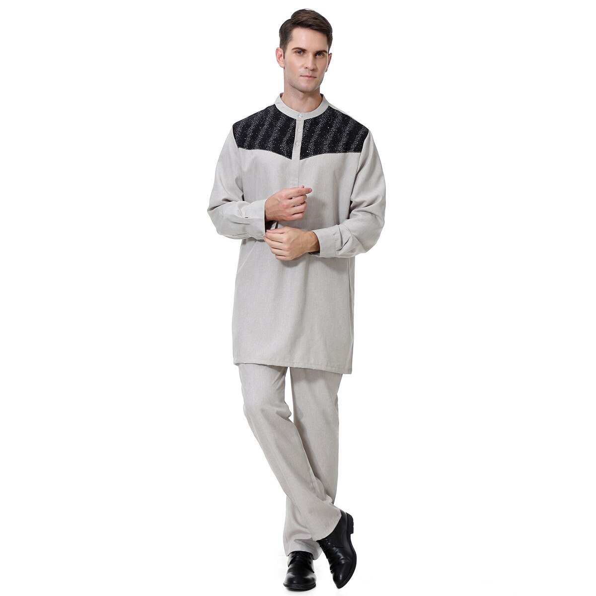 Men's Clothing Formal Chiffon Muslim Dress Arab Middle Eastern Round Neck Button Long Sleeve Robe Set Size S-XXXL