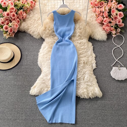 Long Dresses Solid Knitted Bodycon Stretch Summer Woman Dress High Waist Sleeve Less Sexy Vestidos De Mujer Vintage