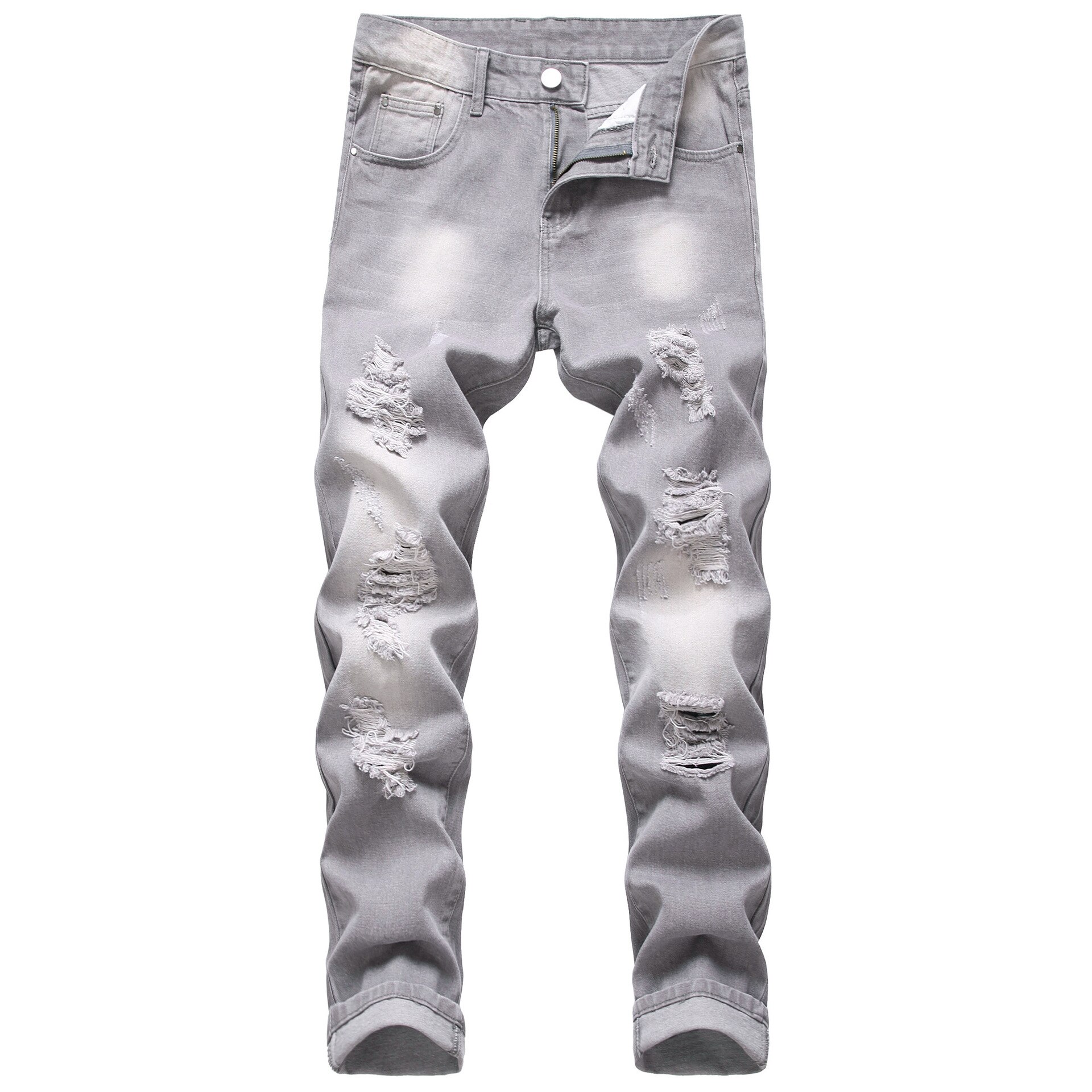 High Quality Men's Casual Ripped Grey Jeans Slim Fit Non Stretch Cotton Cowboys Trousers Hommes Long Straight Wash Denim Pants