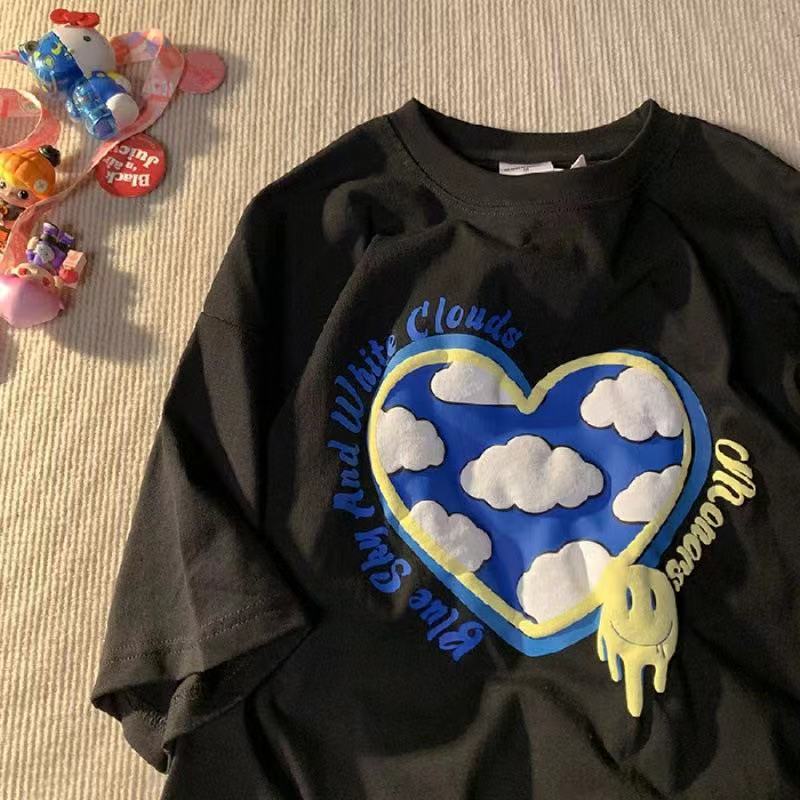 Hot Sale New 2022SS Women Heart-Shaped Graphic Print Casual Tops Japanese Girl Vintage Harajuku T-shirt Couple Sweatshirts