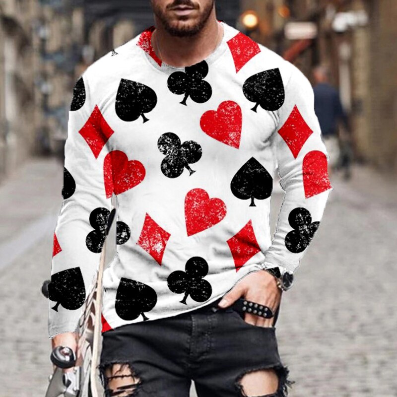 Fashion Printing Long Sleeve Playing Card T-shirt Men's Loose O-neck Top Pullover Spring Autumn Streetwear