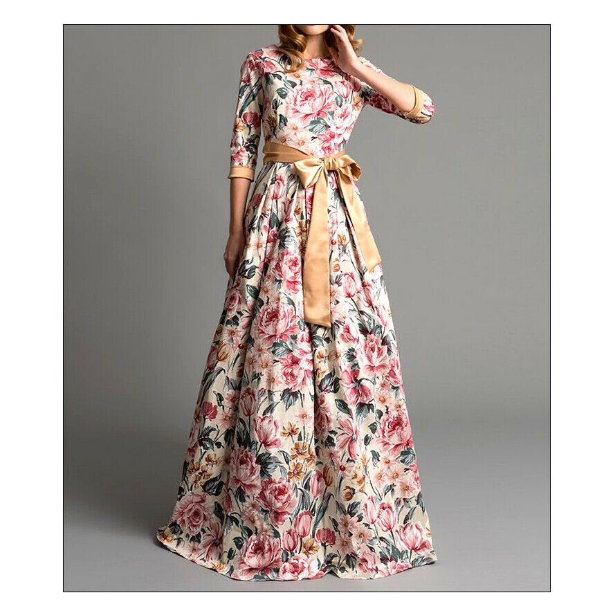 Elegant Vintage Women Maxi Dress Bohemian Floral Retro Bow Knot Belted 3/4 Sleeve High Waist O-neck Long