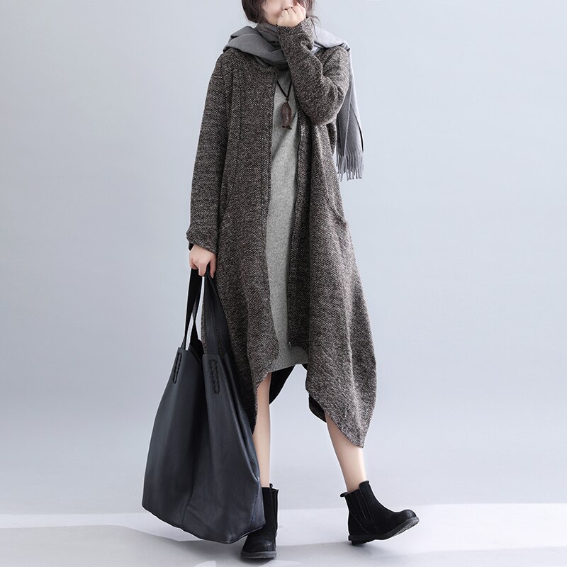 Autumn Winter Long Jacket Women Casual Loose Round Neck Asymmetrical Zipper Blended Woolen Coats Plus Size