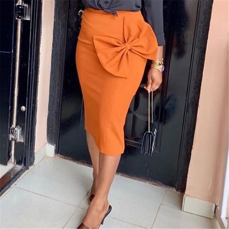 Women's Elegant Midi Bodycon Skirts Pencil Hip Wrap High Waist Big Bow Orange Color Spring Summer Skirt Street New Trend