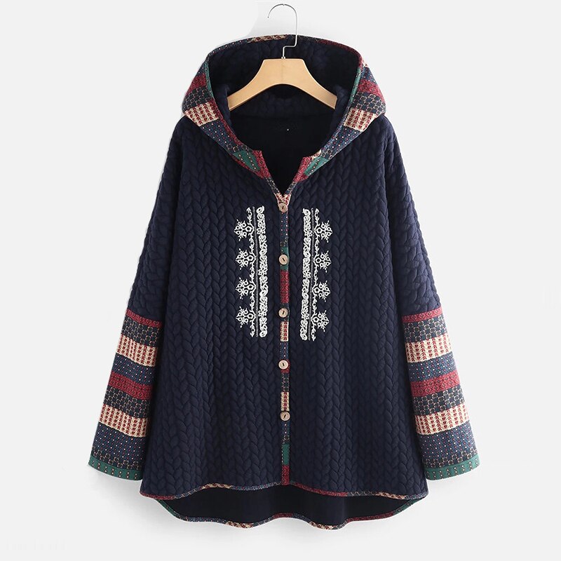 Single Breasted Hooded Jacket Women Vintage Print Floral Embroidery Autumn Winter Outwear 5XL Plus Size Mid-Length Coat