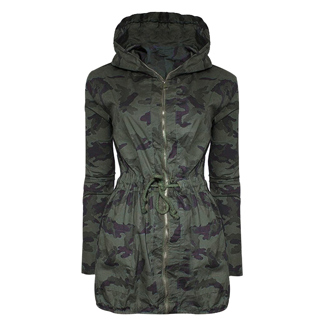 Women Camouflage Long Coat Fashion Drawstring Zipper Slim Hooded Jacket Spring Autumn Sleeve Hip Hop Camo Outwear