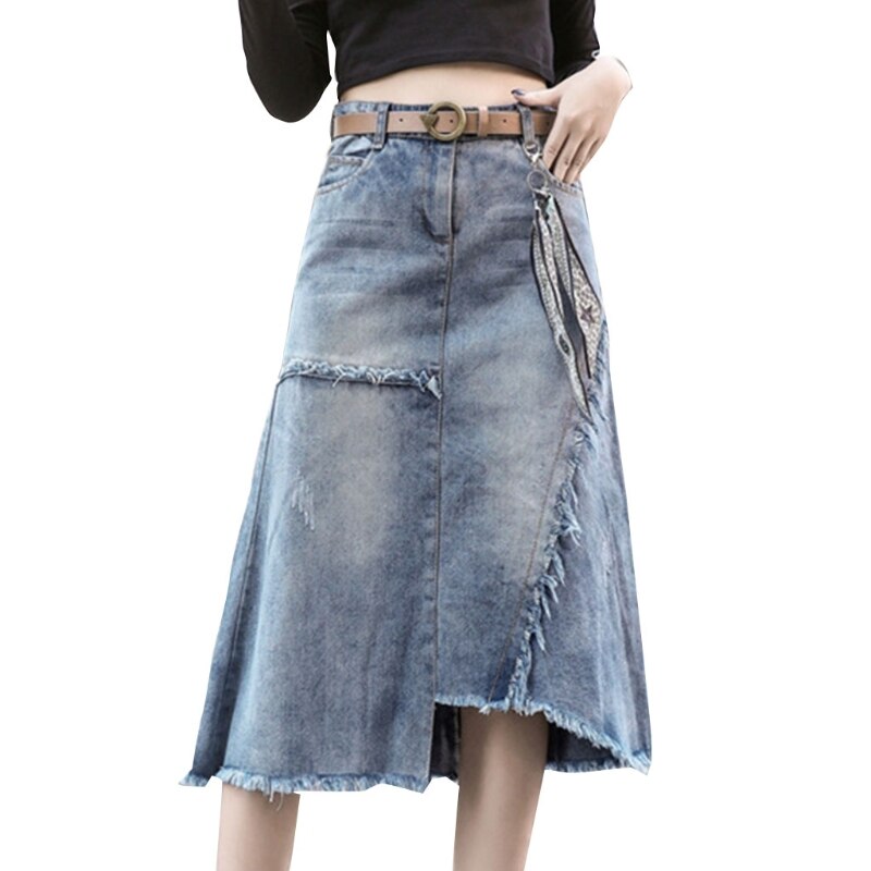 Women Fringe Frayed Midi Long Denim Jean Skirt High Waist Irregular Asymmetrical Hem Button Front A-Line Casual Loose Streetwear