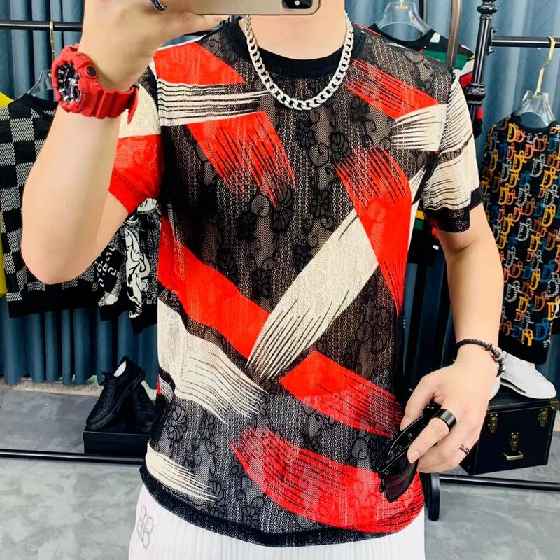 Summer Lace Hollow Print Short Sleeve T Shirt Men 2022 Breathable Casual Slim T-Shirt Streetwear O-neck Tops Tees Male Clothing