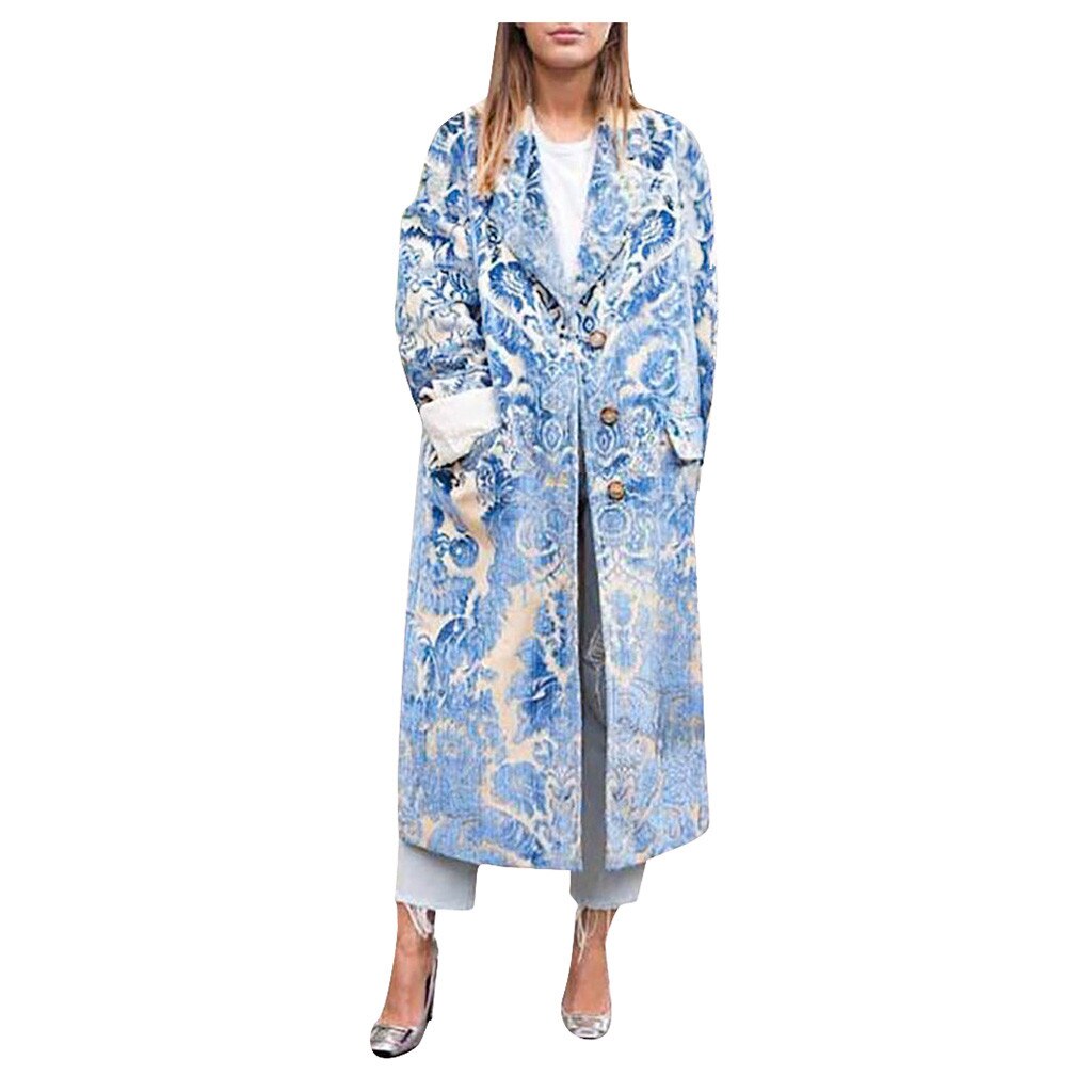 Nice Women Autumn Winter Vogue Slim Floral Print Plus Size Cardigan Long Coat Chinese National Style Trench Outerwear#J31