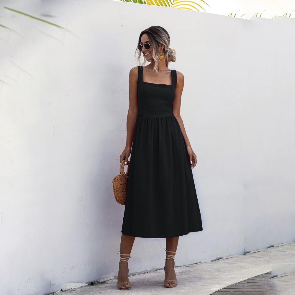 Women Long Dress Summer Sexy Backless Casual White Black Ruched Slip Midi Sundresses 2022 Ladies Pleated Spaghetti Strap Clothes