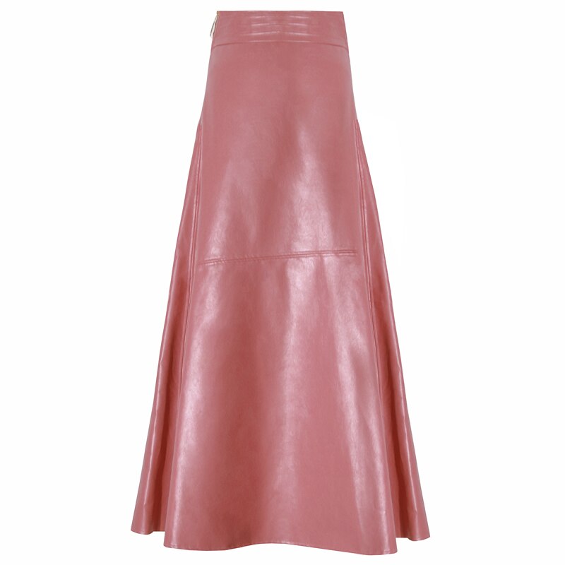 Pink Elegant Temperament Pu Leather Skirt Winter Fashion High Waist Women Faux Long Skirts Ladies Casual A Line