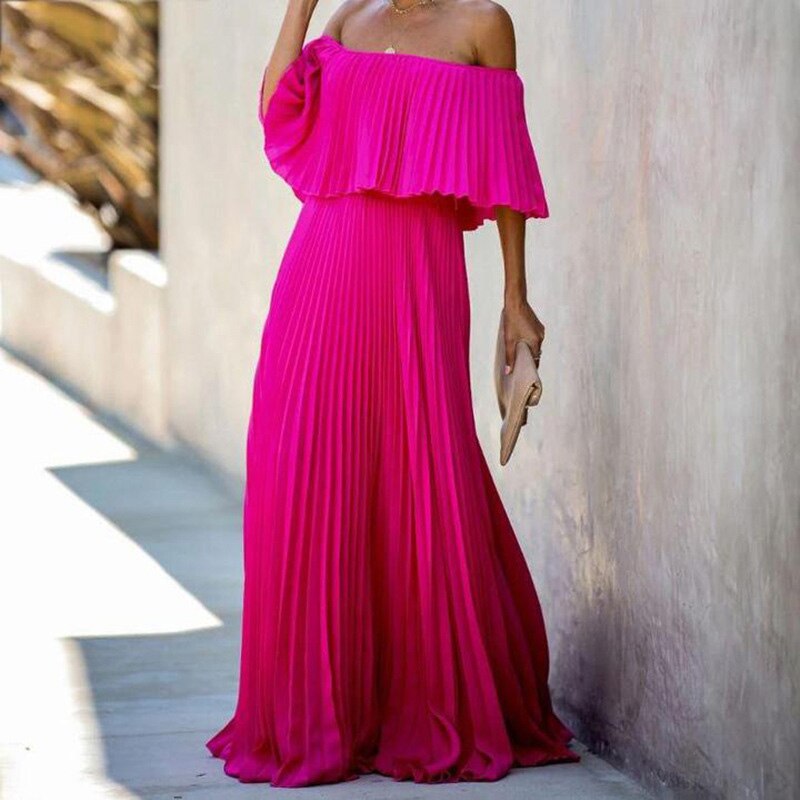 Fashion Lady Pleated Long Party Dress Spring Summer Sexy Strapless Maxi Dresses Elegant Ruffle Off Shoulder Women Chiffon