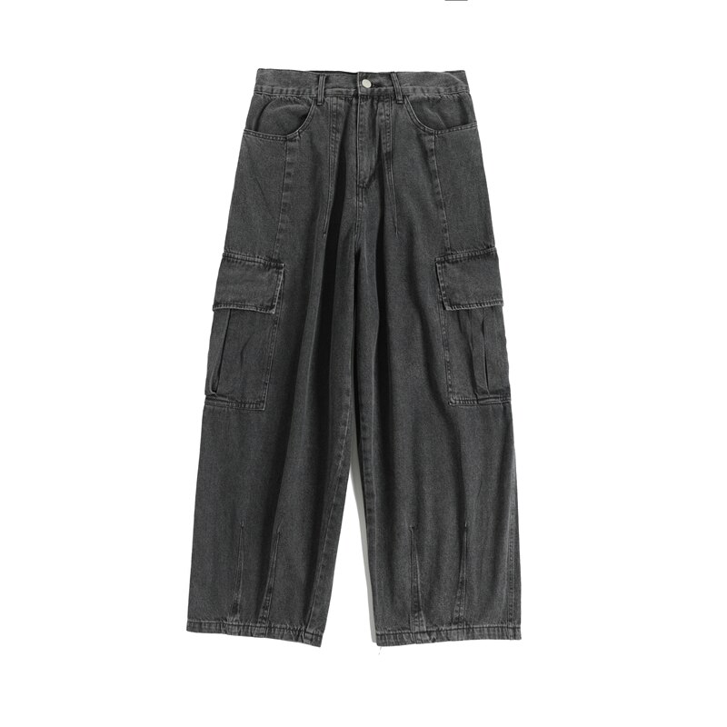 Fashion Korean Style Wide Leg Pants Hip Hop Straight Jeans For Men Streetwear Black Baggy Kpop Denim Cargo