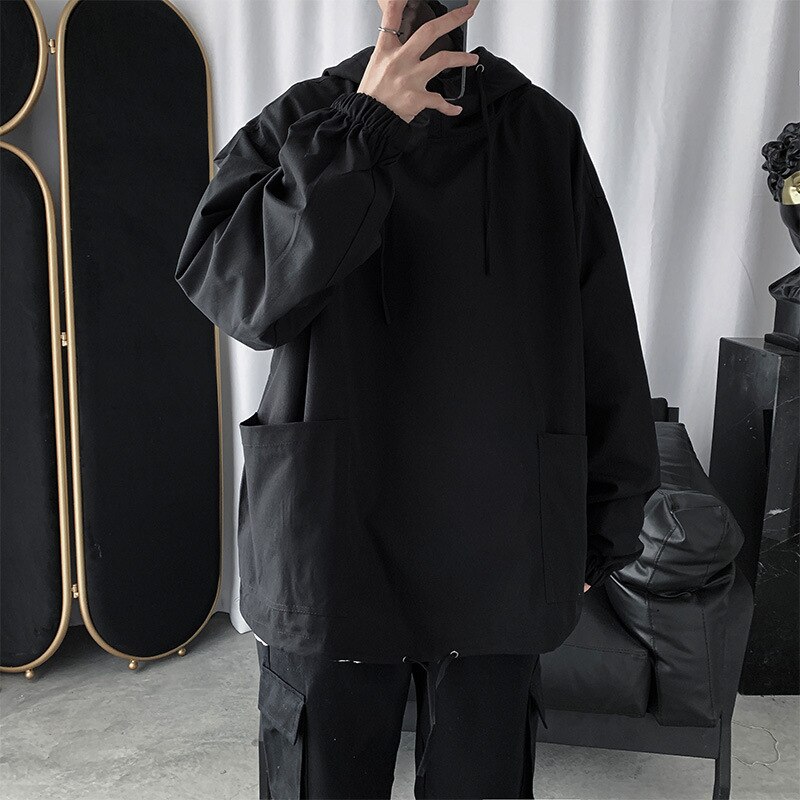 Hoodie Men Plus Size Loose Solid Hooded Sweatshirt Ulzzang Hoodies Mens Korean Fashion Streetwear Students Sweatshirts Pockets