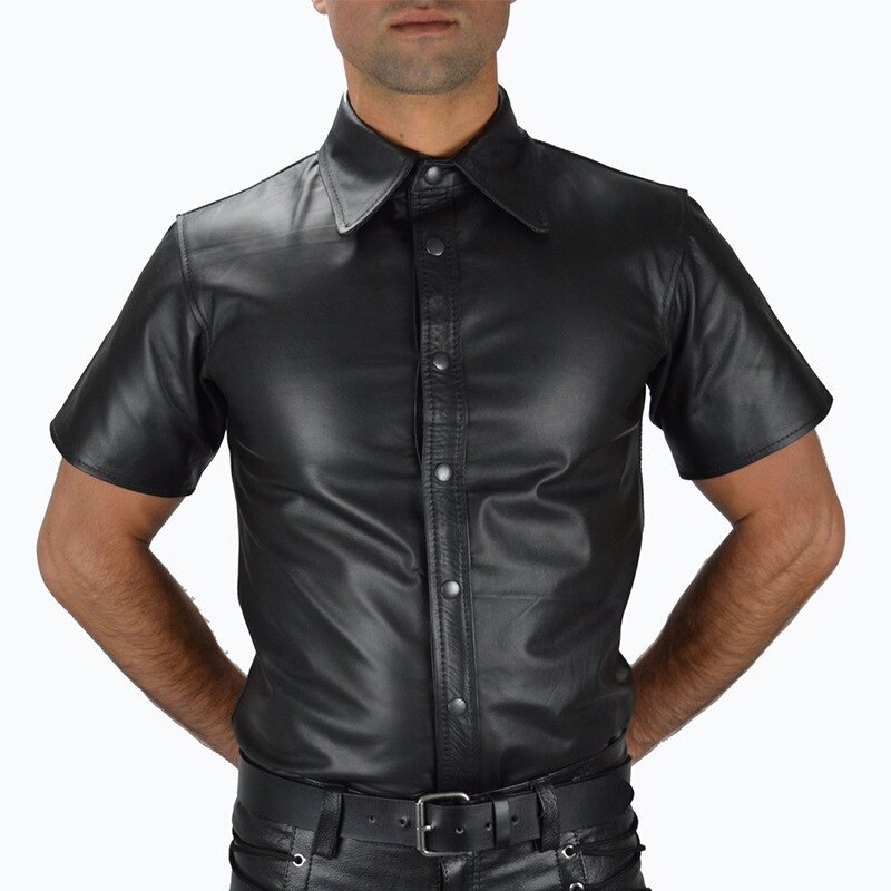 Men Wetlook Faux Leather Shirts PU T Sexy Fitness Tops Gay Latex T-shirt Tees Stage Tee Party Clubwear