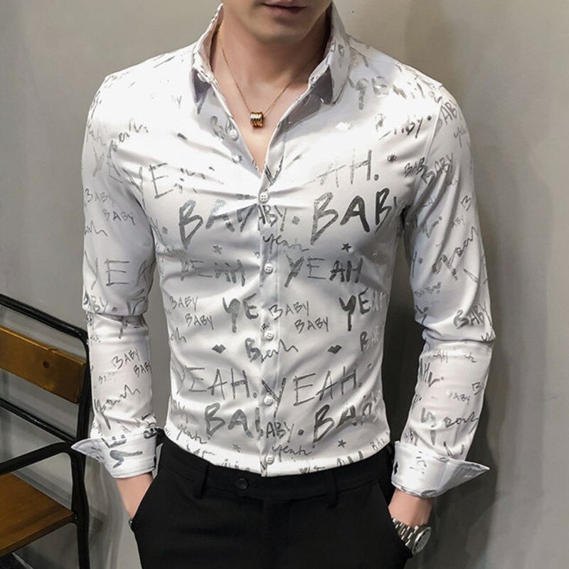 Fashion Letter Bronzing Slim Shirt Nightclub Outfit Camisa Social Masculina Streetwear Men Casual British Style 2022 Black