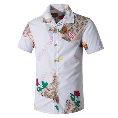 Retro Summer Shirts Men Short Sleeve Loose Floral Newspaper Print Shirt Casual Night Club Party Streetwear Social 5XL