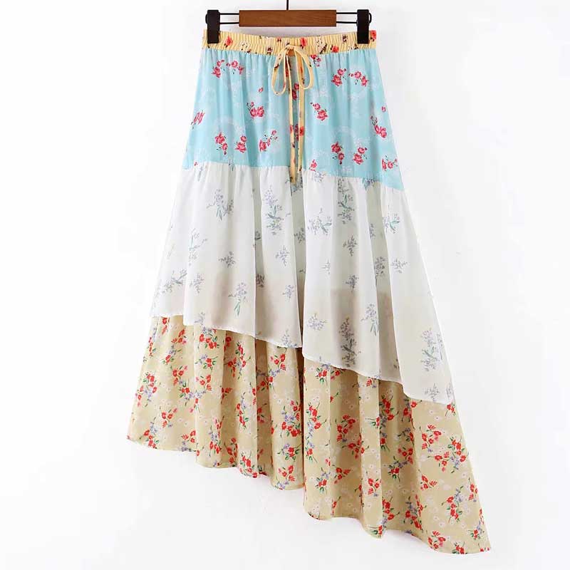 Boho Inspired Mixed Floral Prints High-low Skirts Womens Elastic Waist Ruffle Hem Long Skirt 2022 Spring Summer New Faldas