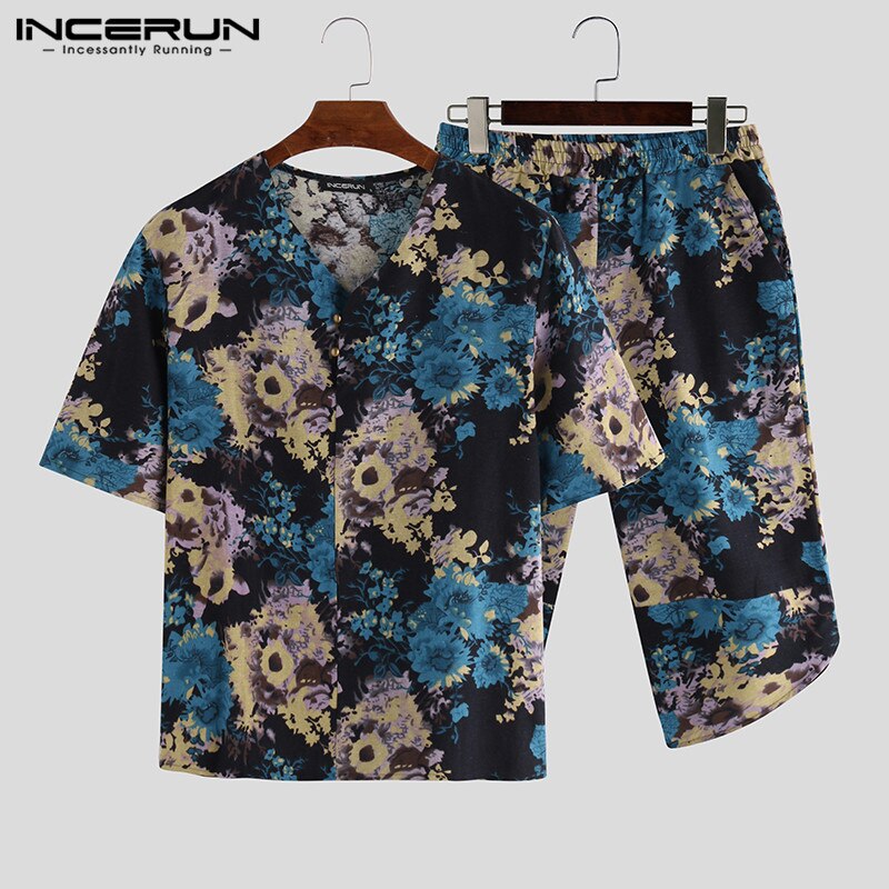 Men Sets Floral Print Vintage V Neck Short Sleeve T Shirts Pants 2 Pieces Chinese Style Casual Streetwear S-3XL