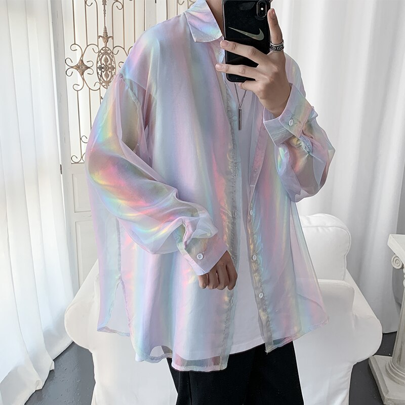 Summer Breathable Rainbow Color Holographic Reflective Men Shirts Oversized Blouse Street Wear Sexy Sun-protective Clothing