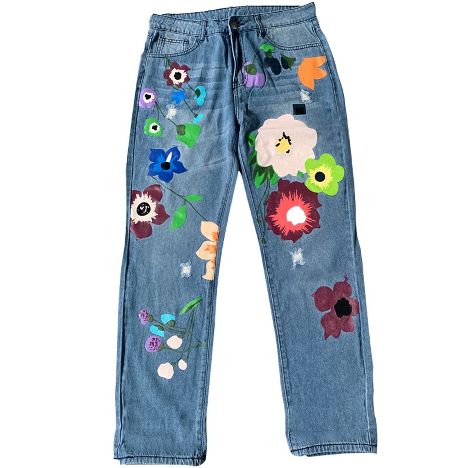 Women Wide Leg Jeans, High Waist Floral Print Loose Denim Pants With Ripped Holes