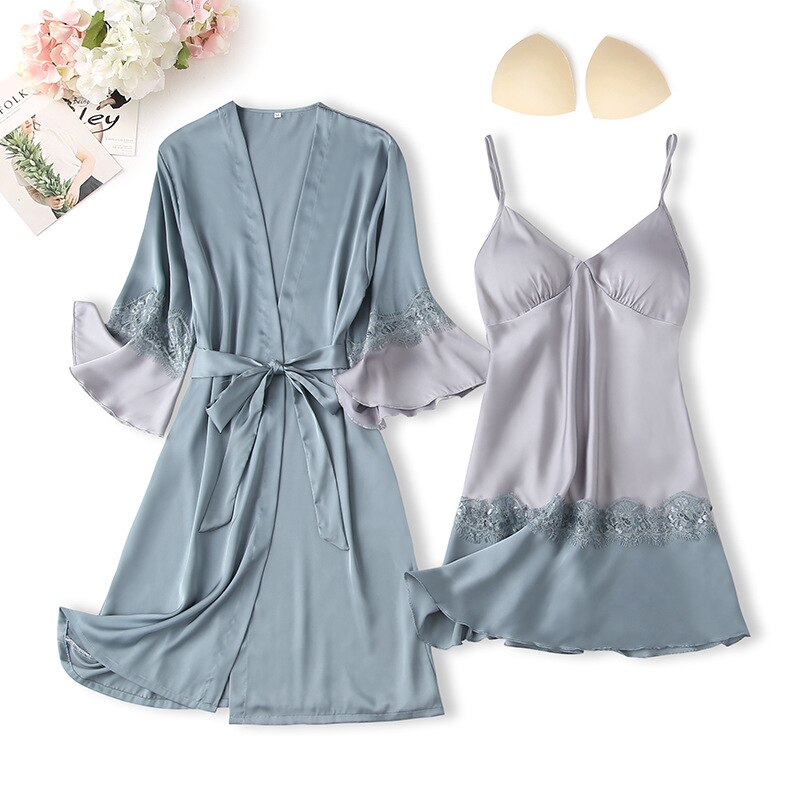 Satin Robe Set Lace Kimono Gown V-Neck Sexy Bathrobe Suit Chemise Nightgown Intimate Lingerie Summer Wedding Party Loungewear