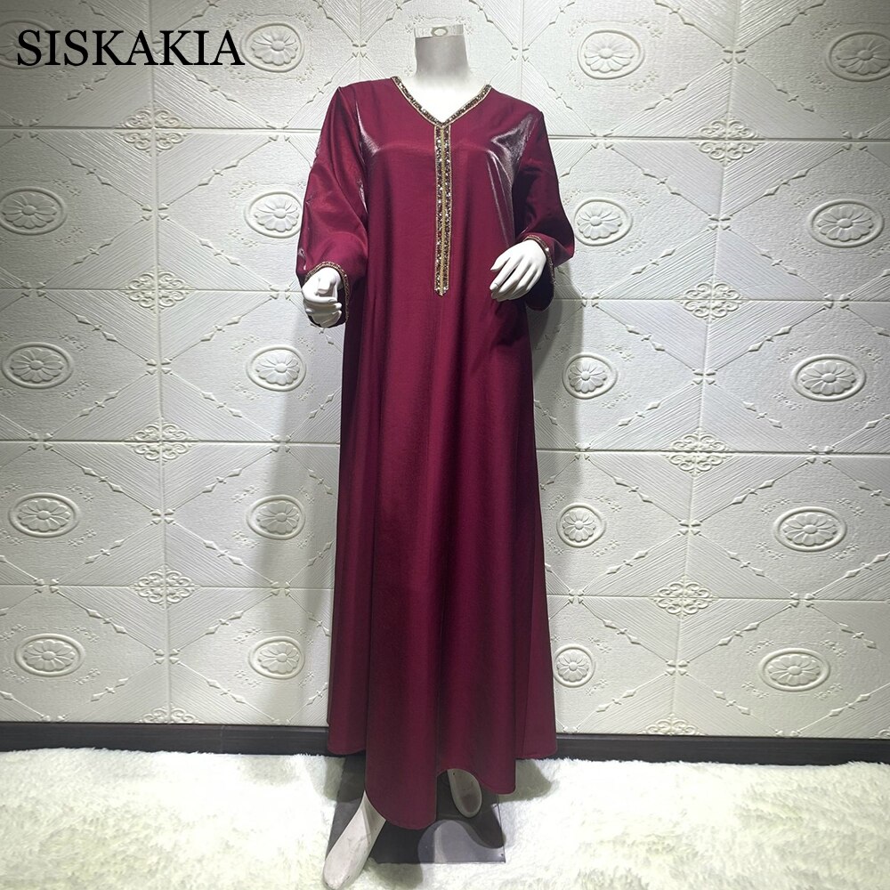 Jalabiya Long Sleeve Maxi Dress For Women Fall 2022 New Dubai Abaya Fashion Diamond Ribbon V Neck Muslim Arabic Robe