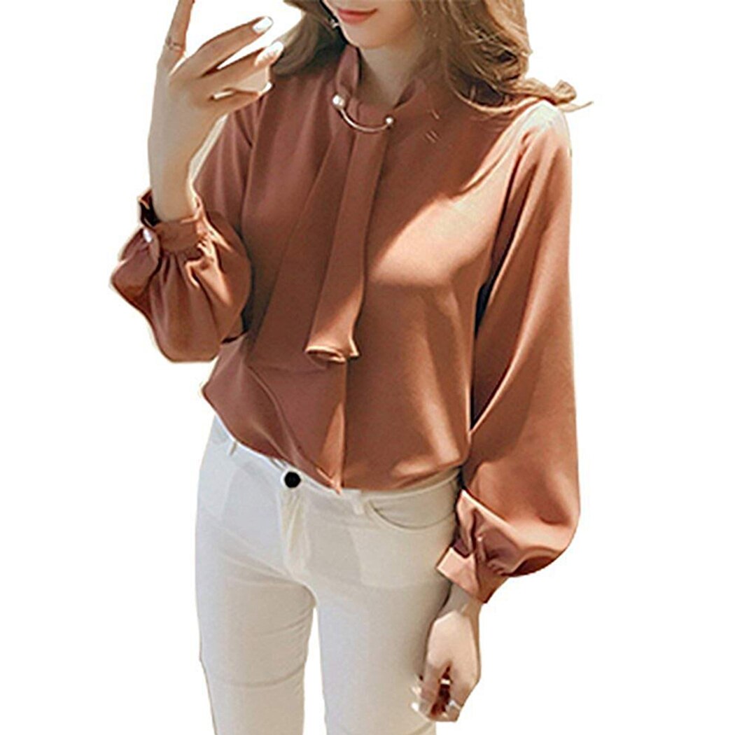 Elegant Ladies Shirts Long Sleeve Shirt Women Autumn White Bow Tie Chiffon Blouse Tunic Work Wear Formal Top Plus Size Blusas