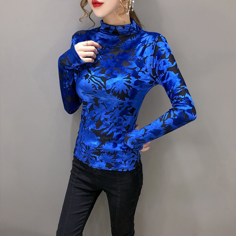 Autumn Long Sleeve Turtleneck Woman TShirts Fashion Flower Print Hollow Velvet Top Female Slim Fit T Shirt Women Camiseta Mujer