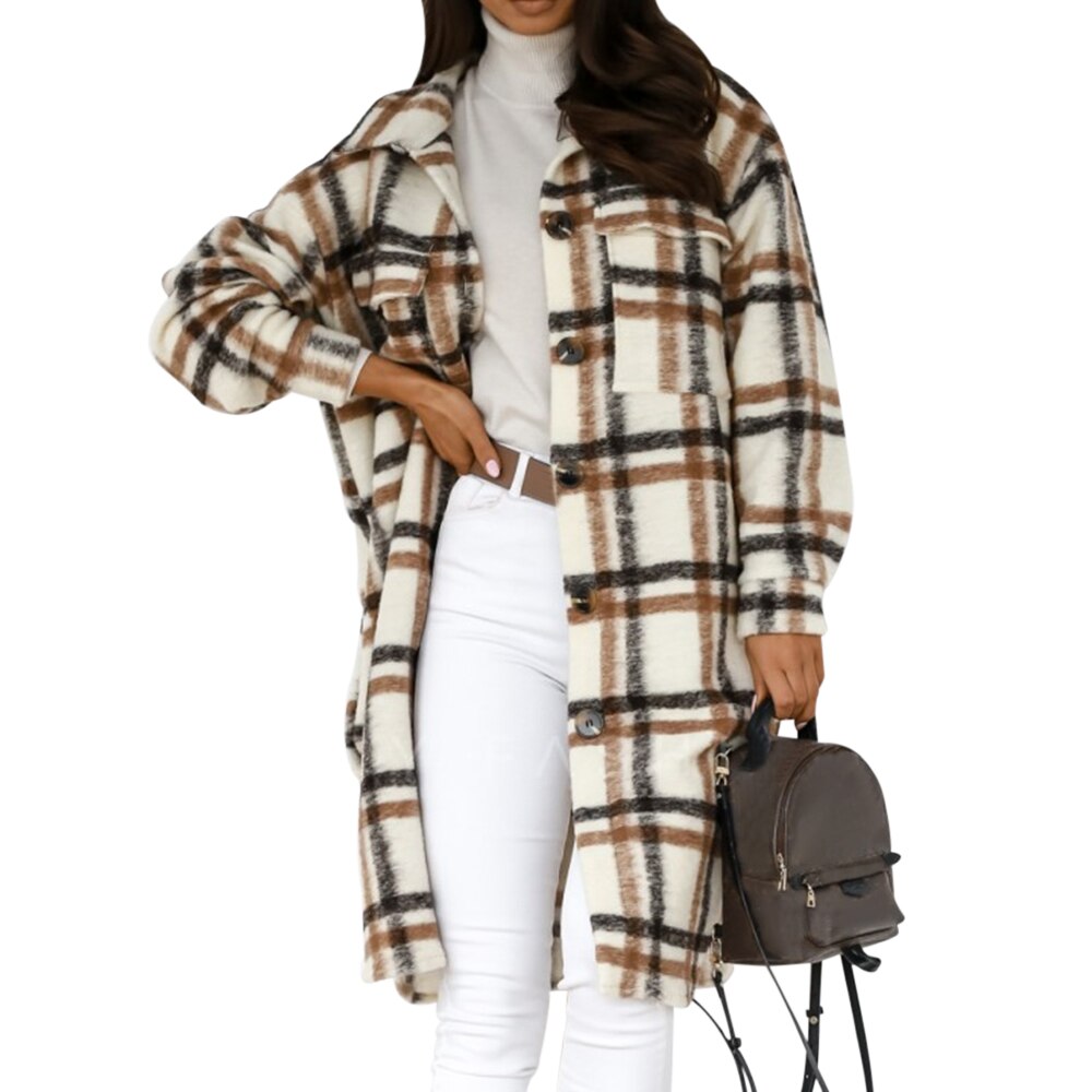 Winter Checked Women Jacket Down Overcoat Warm Plaid Long Coat Oversize Thick Woolen Blends Retro Female Streetwear