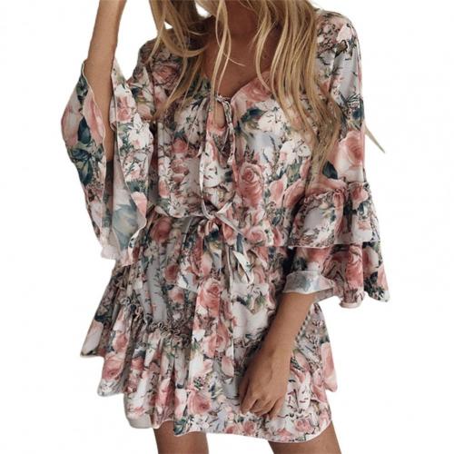 Casual V-neck Short Sleeve Floral Print Mini Woman Dress 2022 Summer Beach Loose Ruffles Dresses For Women Plus Size Femme Robe