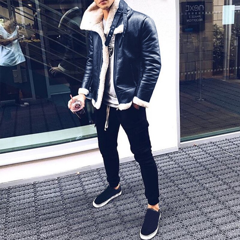 Fashion Men Winter Tops Long Sleeve Fur Belt Faux Leather Jacket Highneck Shearling Coat Wool Lining Bomber