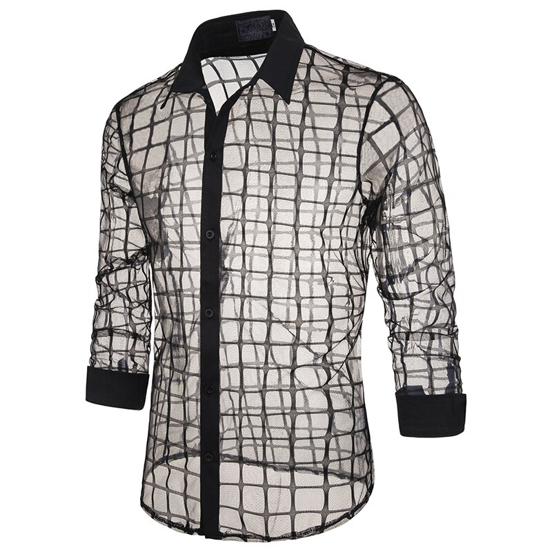 LvBa Men's Thin Plaid Shirts Slim Fit Long Sleeve Sexy Lace Shirt Black/White Men Party Event Prom Transparent Chemise 2XL